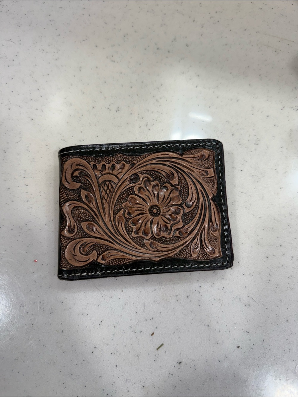 Leather Tooled Bifold Wallet in Brown and Black